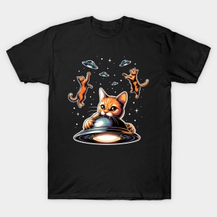 Cats feast on UFO's funny graphic -shirt of cats jumping high to catch UFos and eat them, for lovers of cats and Sci Fi T-Shirt